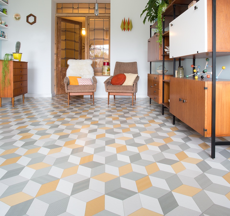 Cubes Yellow Sheet Vinyl Flooring